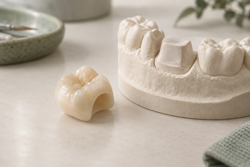 AI-generated illustration of a ceramic crown and dental working model